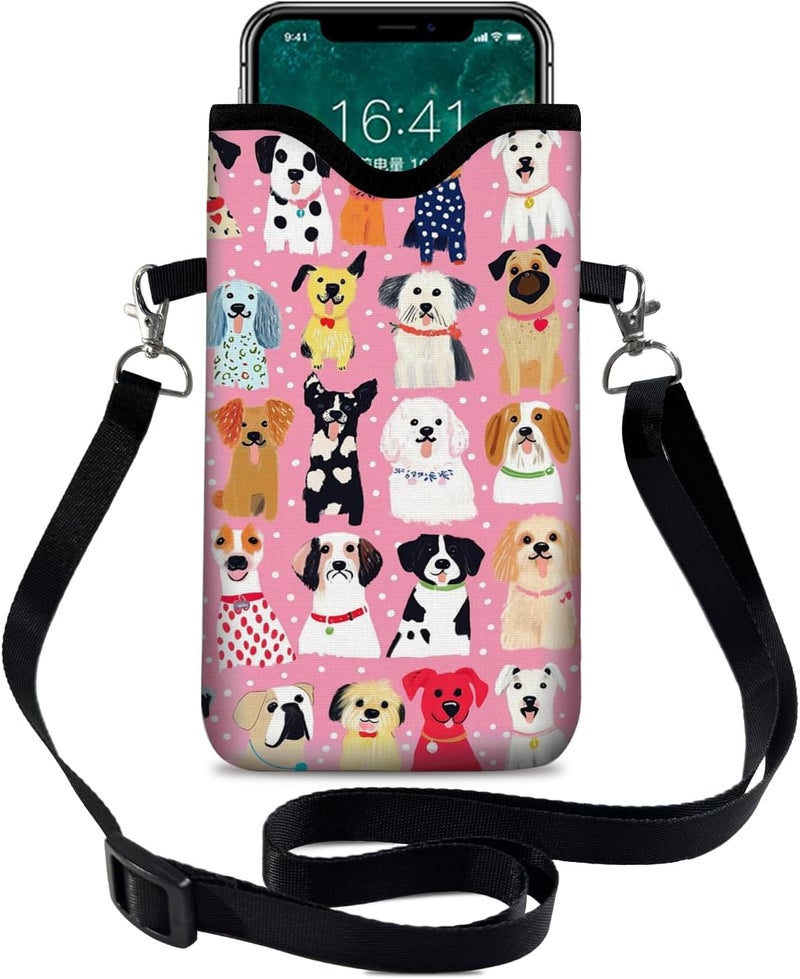 otilil Neoprene Cell Phone Sleeve Pouch Case Bag with Crossbody Strap Neck Lanyard for Women 7.1 X 3.9 in Pink Dog - Image 1